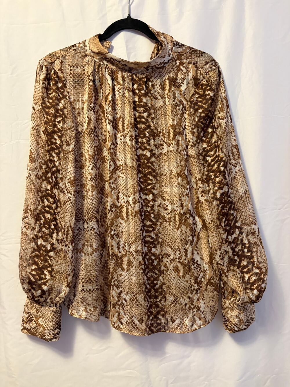 H&M Snake Print Semi-Sheer Top Brown Mock Neck Buttoned Balloon Sleeve Sz 6